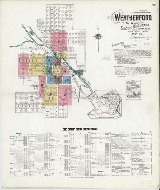 Sanborn Fire Insurance Map from Weatherford, Parker County, Texas (1921), Sheet #0001 - Historic Sanborn Fire Insurance Map Print, vintage old map wall art, antique decor, genealogy gift, Texas Texas map
