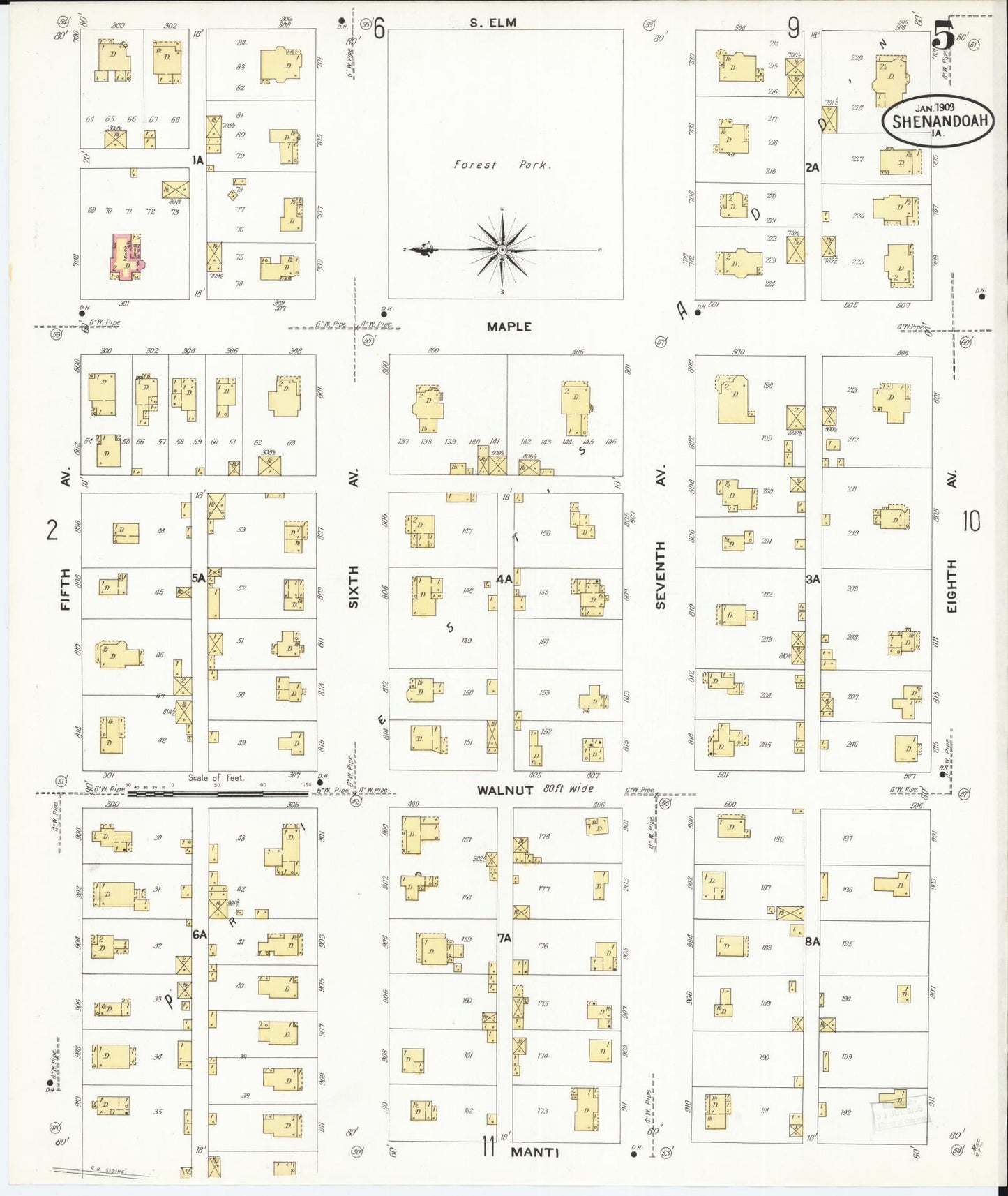 Sanborn Fire Insurance Map from Shenandoah, Page County, Iowa (1909), Sheet #0005 - Historic Sanborn Fire Insurance Map Print, vintage old map wall art
