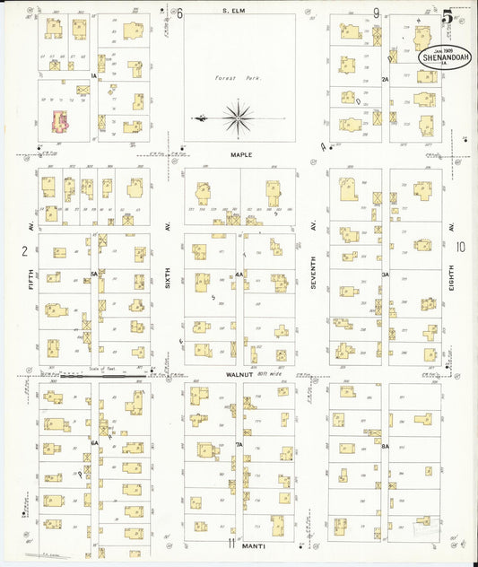 Sanborn Fire Insurance Map from Shenandoah, Page County, Iowa (1909), Sheet #0005 - Historic Sanborn Fire Insurance Map Print, vintage old map wall art