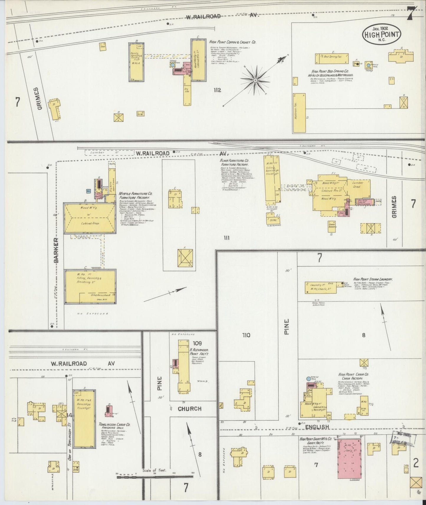 Sanborn Fire Insurance Map from High Point, Guilford County, North Carolina (1902), Sheet #0007 - Complete Map Set gallery image, historic Sanborn map, vintage wall art, North Carolina North Carolina