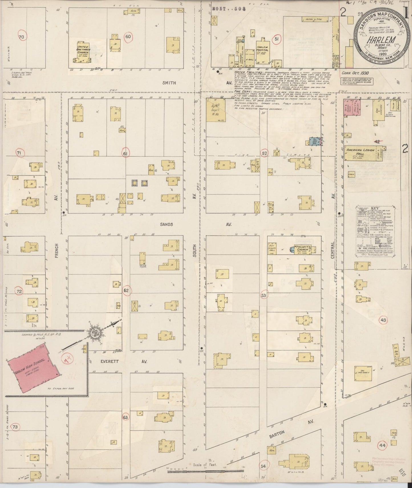 Sanborn Fire Insurance Map from Harlem, Blaine County, Montana (1930), Sheet #0001 - Historic Sanborn Fire Insurance Map Print, vintage old map wall art, antique decor, genealogy gift, Montana Montana map