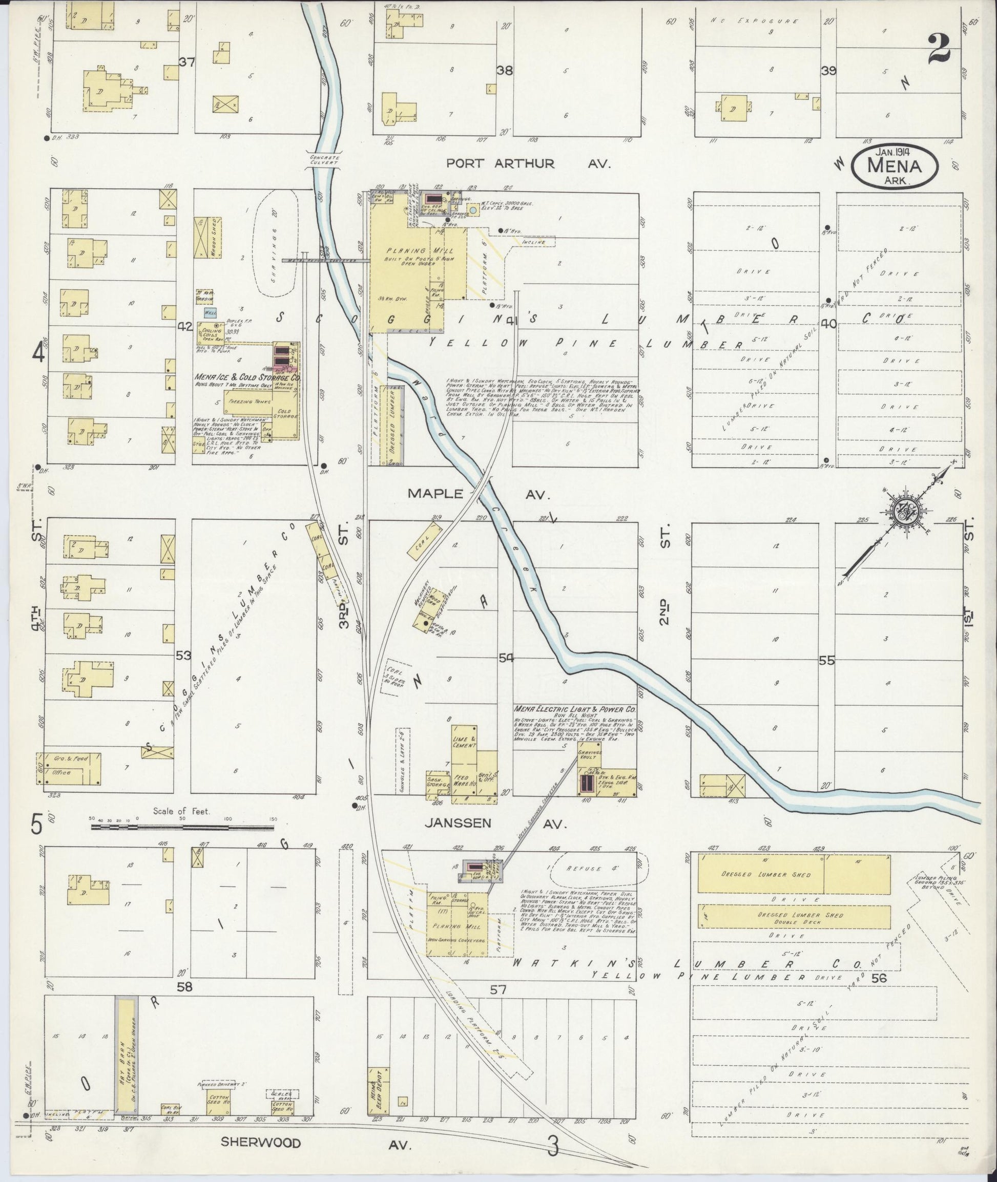 Sanborn Fire Insurance Map from Mena, Polk County, Arkansas (1914), Sheet #0002 - Historic Sanborn Fire Insurance Map Print, vintage old map wall art, antique decor, genealogy gift, Arkansas Arkansas map