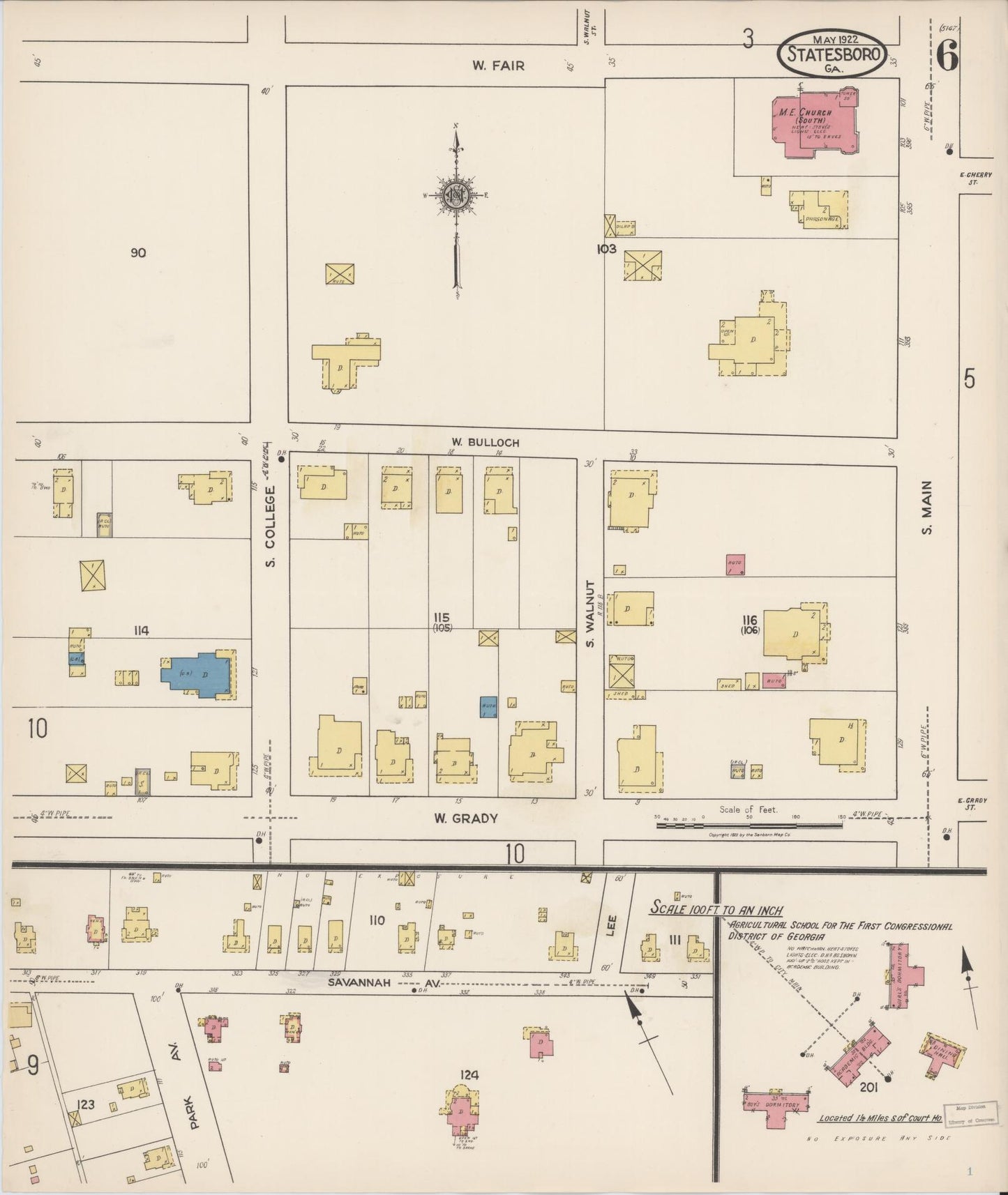 Sanborn Fire Insurance Map from Statesboro, Bulloch County, Georgia (1922), Sheet #0006 - Historic Sanborn Fire Insurance Map Print, vintage old map wall art, antique decor, genealogy gift, Georgia Georgia map