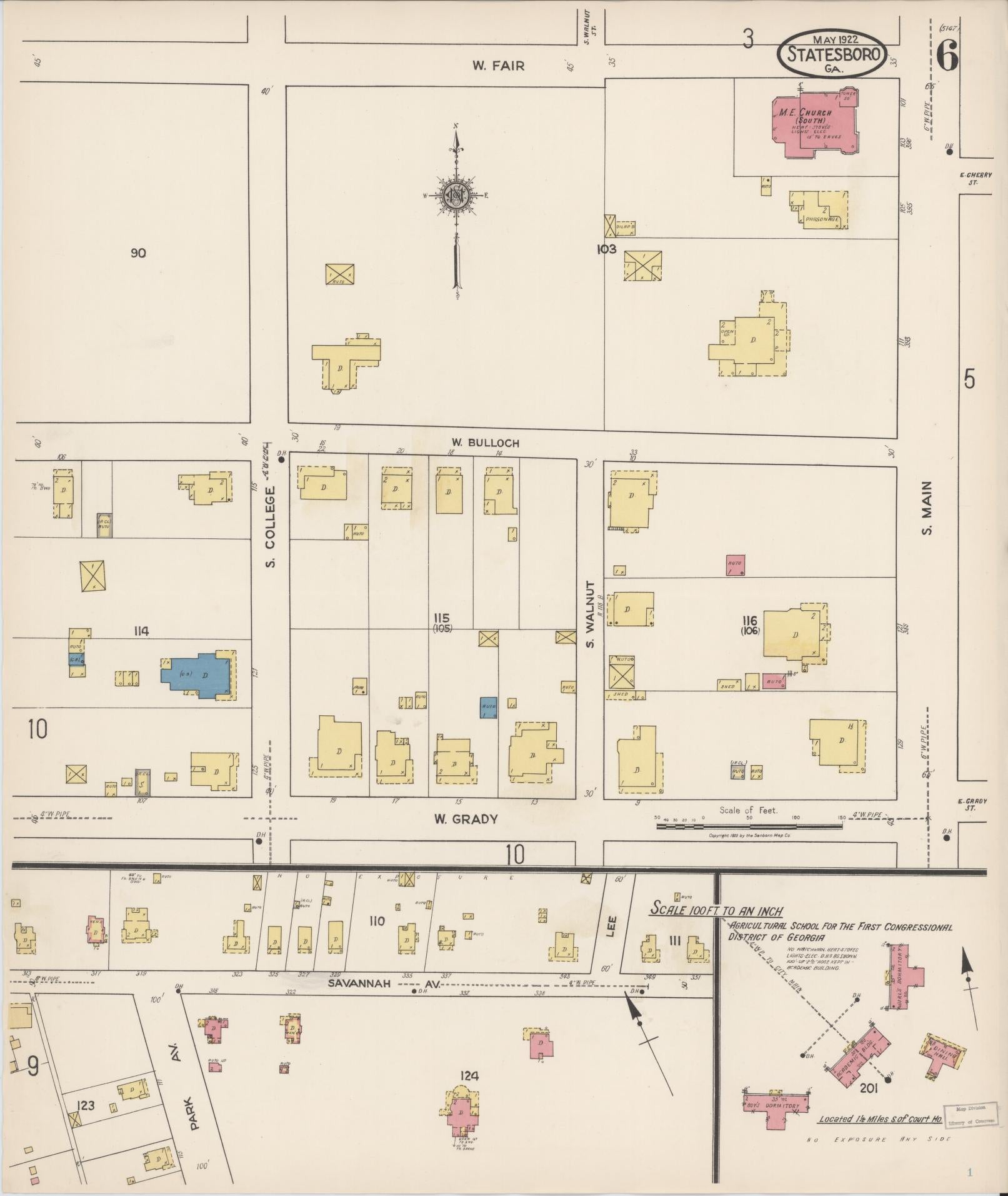 Sanborn Fire Insurance Map from Statesboro, Bulloch County, Georgia (1922), Sheet #0006 - Historic Sanborn Fire Insurance Map Print, vintage old map wall art, antique decor, genealogy gift, Georgia Georgia map