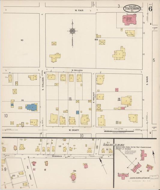 Sanborn Fire Insurance Map from Statesboro, Bulloch County, Georgia (1922), Sheet #0006 - Historic Sanborn Fire Insurance Map Print, vintage old map wall art, antique decor, genealogy gift, Georgia Georgia map