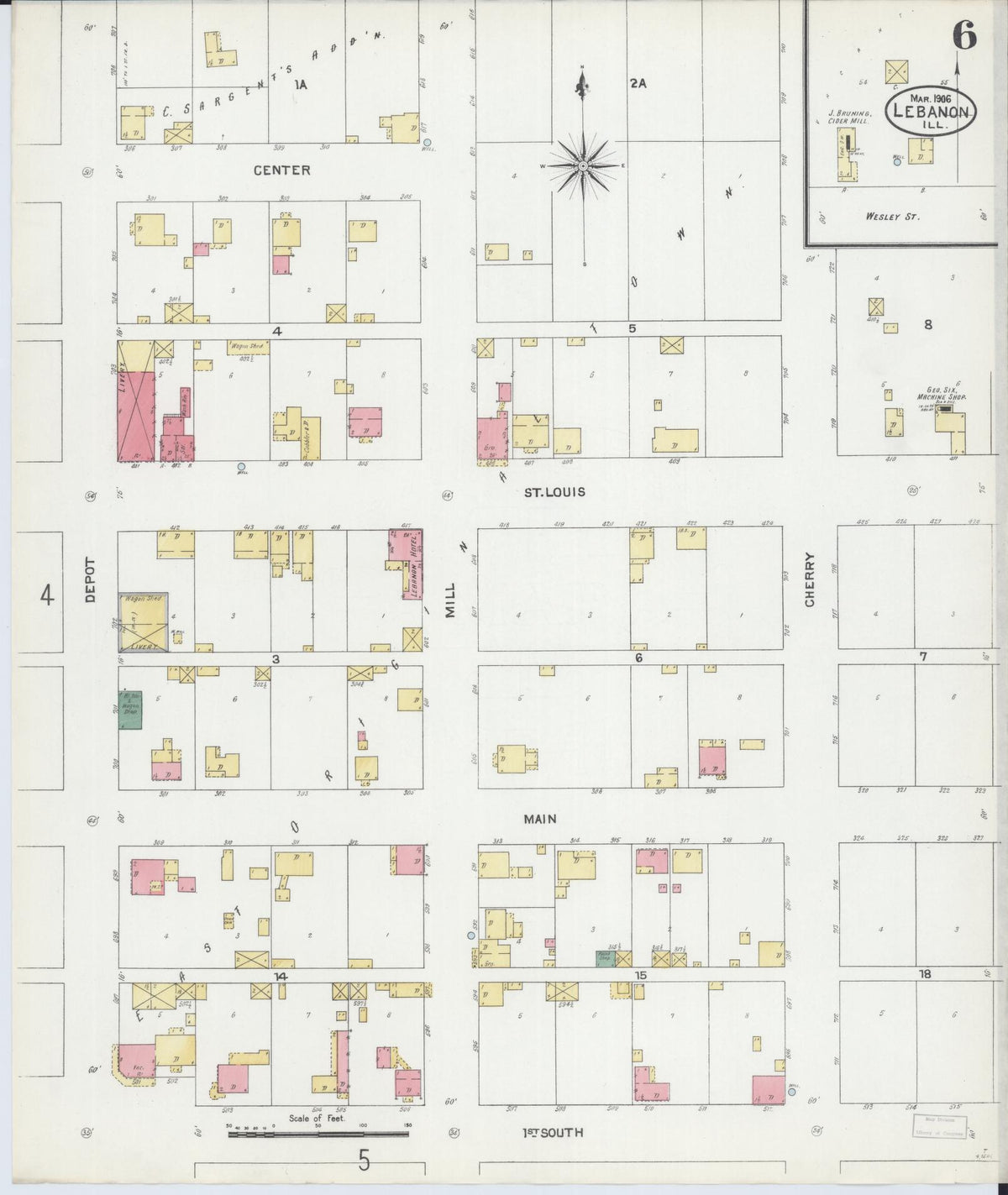 Sanborn Fire Insurance Map from Lebanon, Saint Clair County, Illinois (1906), Sheet #0006 - Historic Sanborn Fire Insurance Map Print, vintage old map wall art, antique decor, genealogy gift, Illinois Illinois map