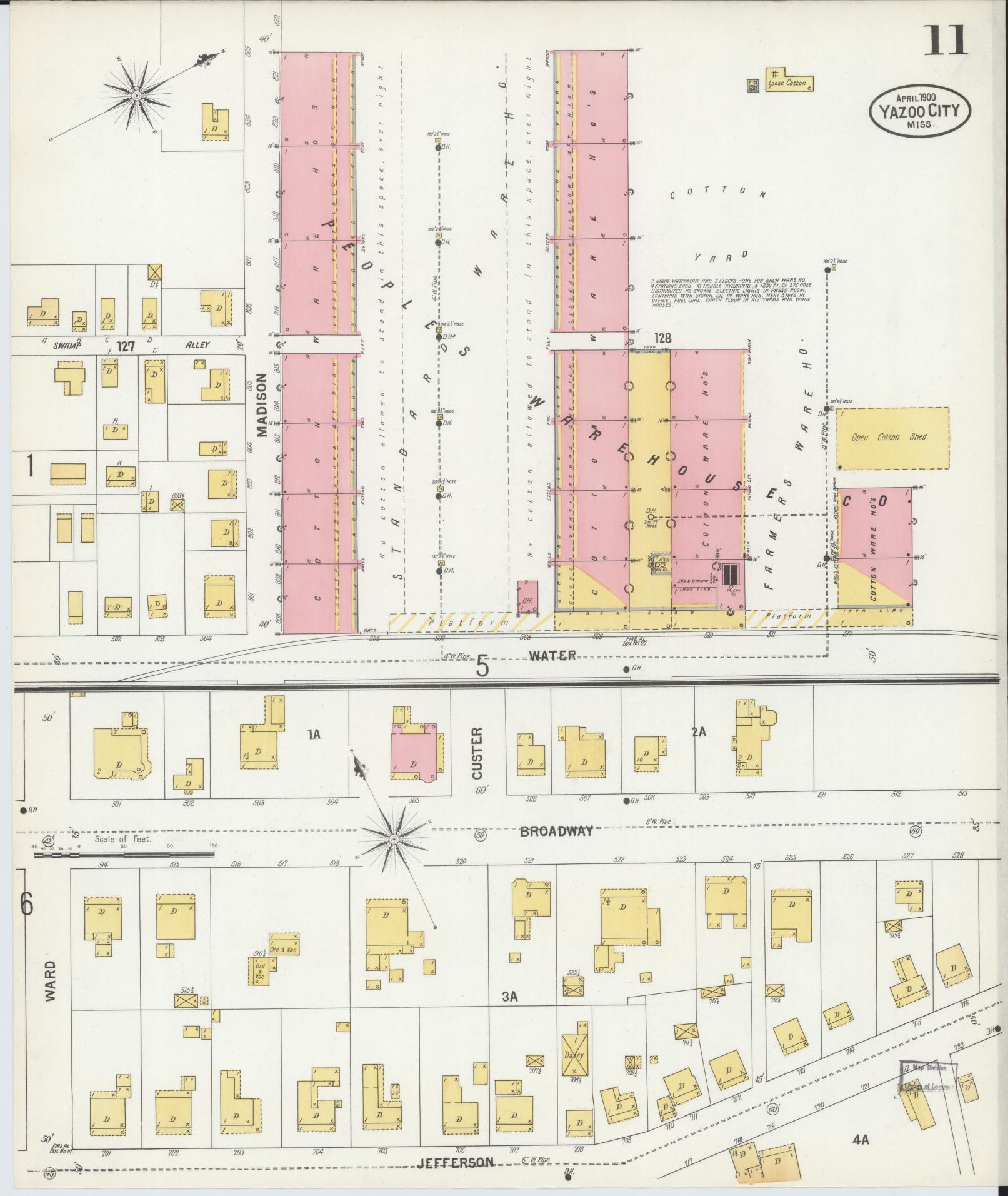 Sanborn Fire Insurance Map from Yazoo City, Yazoo County, Mississippi (1900), Sheet #0011 - Historic Sanborn Fire Insurance Map Print, vintage old map wall art, antique decor, genealogy gift, Mississippi Mississippi map