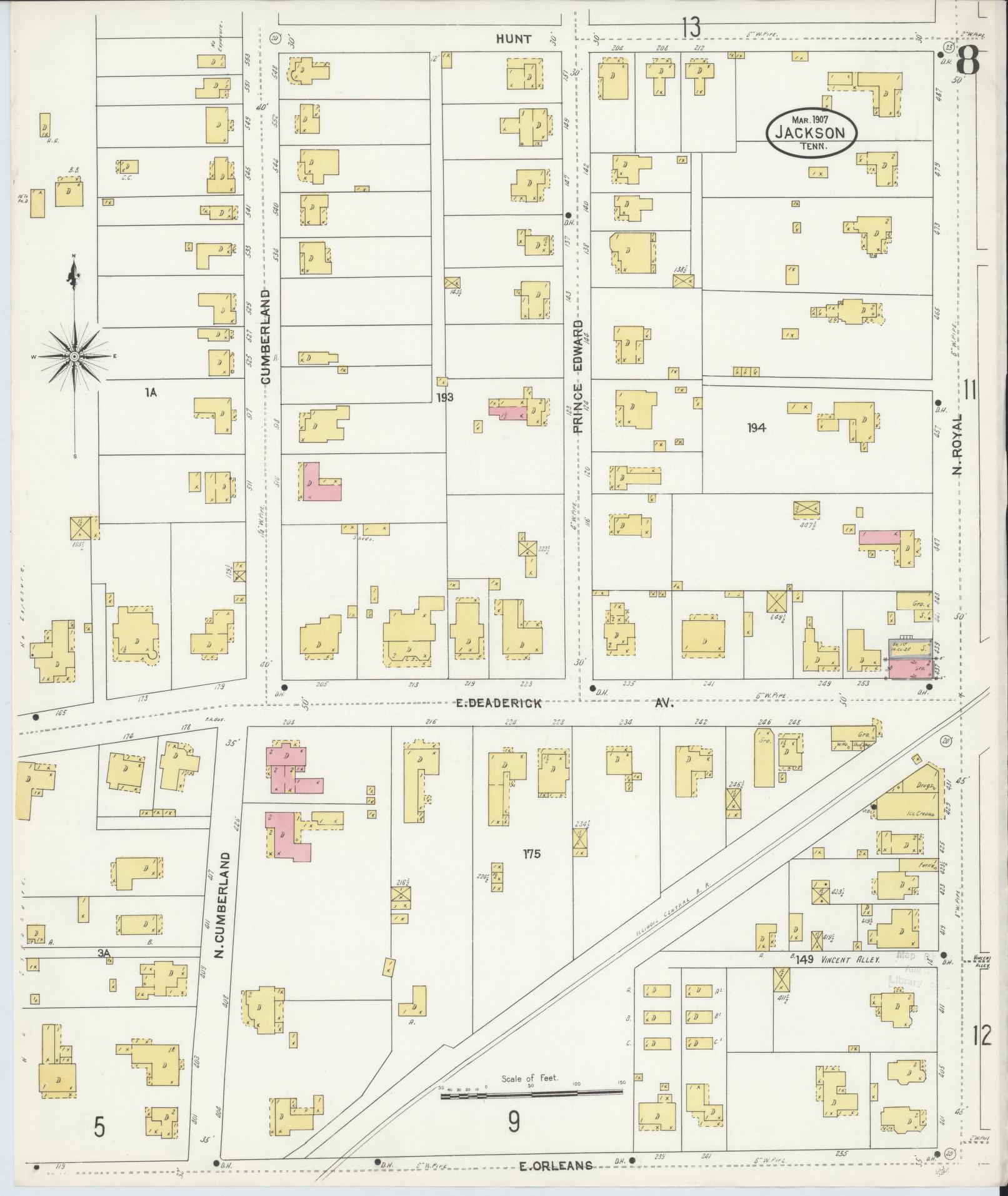 Sanborn Fire Insurance Map from Jackson, Madison County, Tennessee (1907), Sheet #0008 - Complete Map Set gallery image, historic Sanborn map, vintage wall art, Tennessee Tennessee