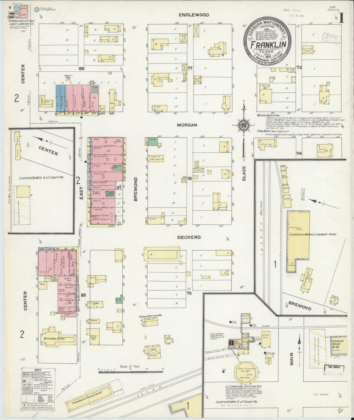 Sanborn Fire Insurance Map from Franklin, Robertson County, Texas (1910), Sheet #0001 - Historic Sanborn Fire Insurance Map Print, vintage old map wall art, antique decor, genealogy gift, Texas Texas map
