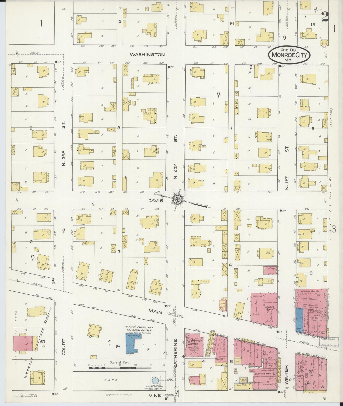 Sanborn Fire Insurance Map from Monroe City, Monroe County, Missouri (1916), Sheet #0002 - Complete Map Set gallery image, historic Sanborn map, vintage wall art, Missouri Missouri
