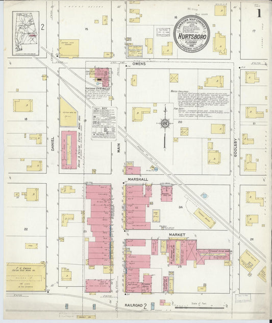 Sanborn Fire Insurance Map from Hurtsboro, Russell County, Alabama (1916), Sheet #0001 - Complete Map Set gallery image, historic Sanborn map, vintage wall art, Alabama Alabama