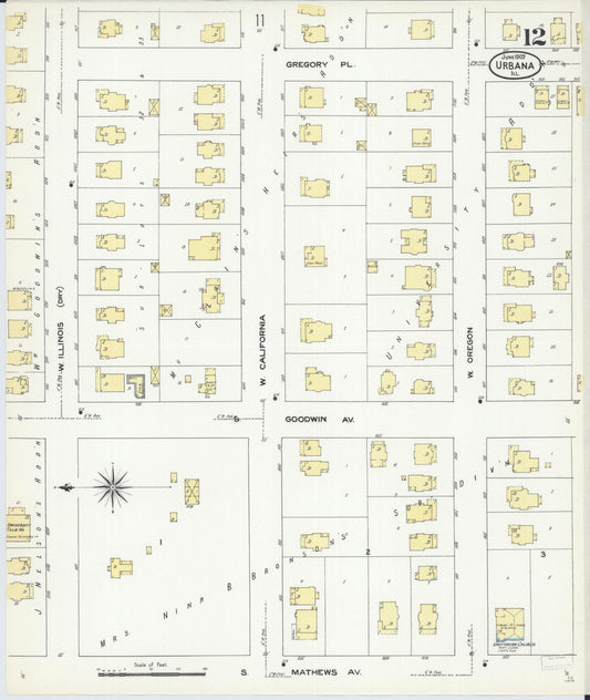 Sanborn Fire Insurance Map from Urbana, Champaign County, Illinois (1909), Sheet #0012 - Historic Sanborn Fire Insurance Map Print, vintage old map wall art, antique decor, genealogy gift, Illinois Illinois map