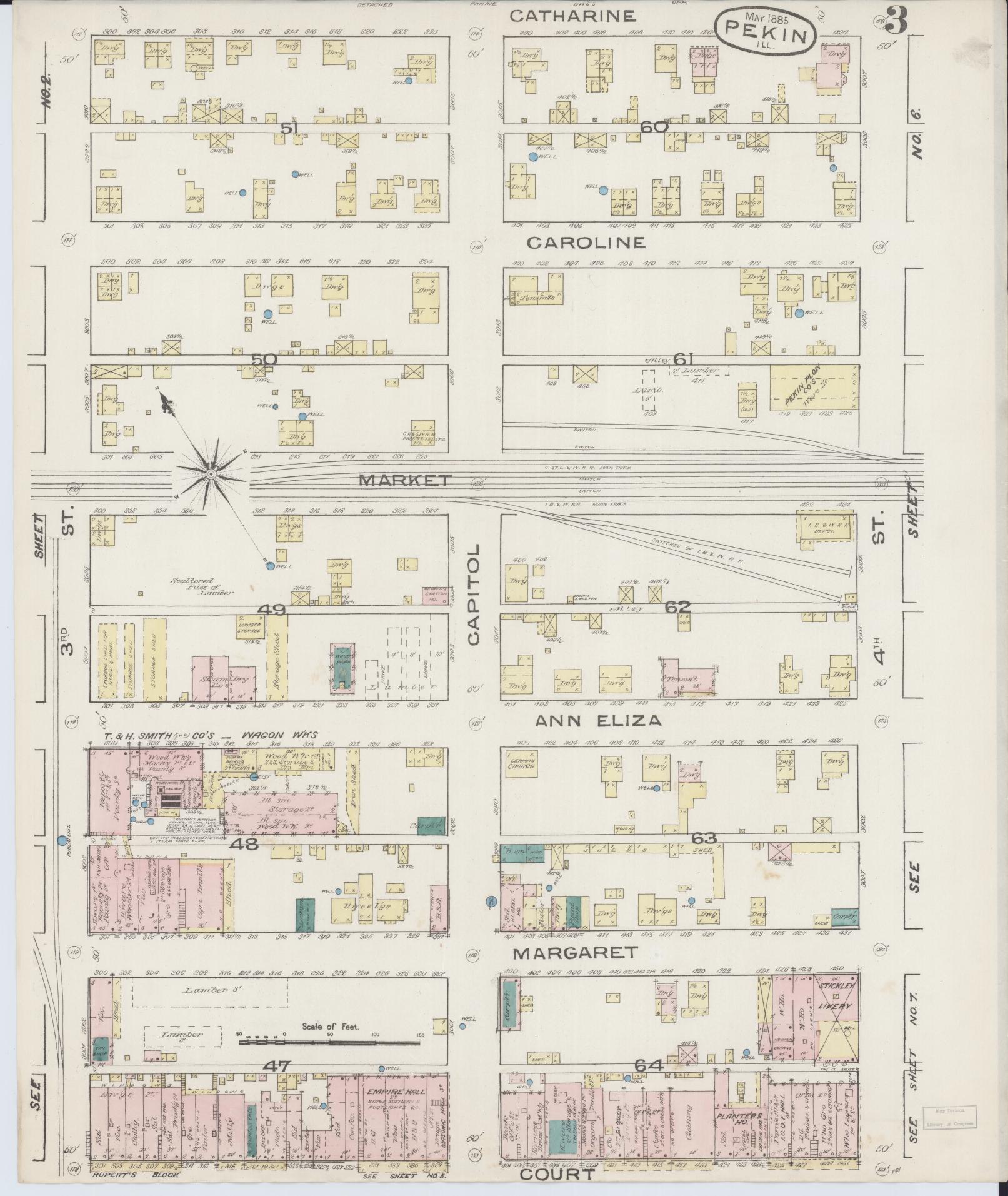 Sanborn Fire Insurance Map from Pekin, Tazewell County, Illinois (1885), Sheet #0003 - Complete Map Set gallery image, historic Sanborn map, vintage wall art, Illinois Illinois