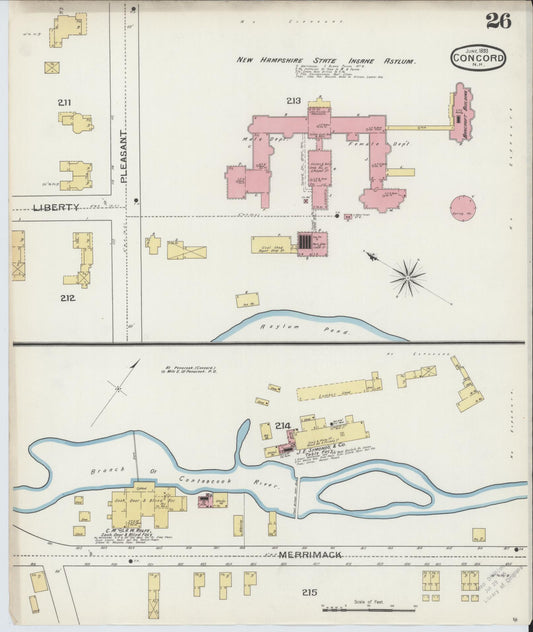 Sanborn Fire Insurance Map from Concord, Merrimack County, New Hampshire (1893), Sheet #0026 - Historic Sanborn Fire Insurance Map Print, vintage old map wall art, antique decor, genealogy gift, New Hampshire New Hampshire map