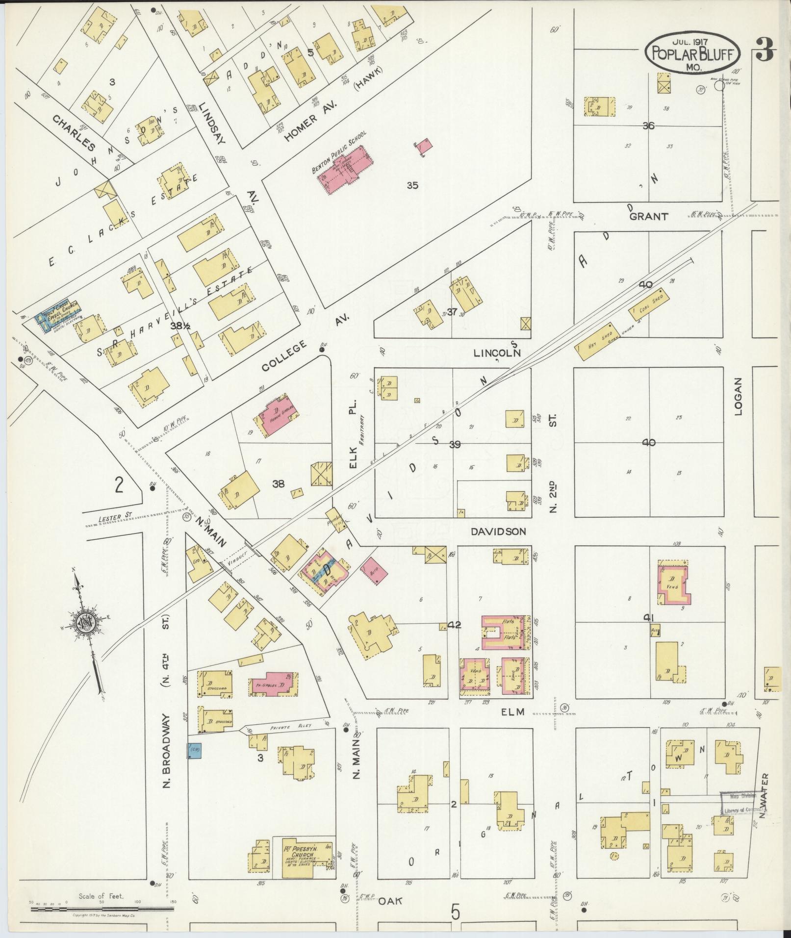 Sanborn Fire Insurance Map from Poplar Bluff, Butler County, Missouri (1917), Sheet #0003 - Historic Sanborn Fire Insurance Map Print, vintage old map wall art, antique decor, genealogy gift, Missouri Missouri map