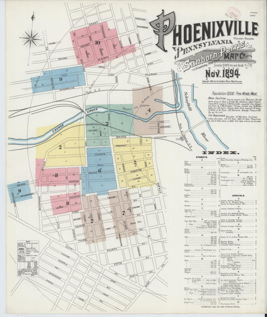 Sanborn Fire Insurance Map from Phoenixville, Chester County, Pennsylvania (1894), Sheet #0001 - Historic Sanborn Fire Insurance Map Print, vintage old map wall art, antique decor, genealogy gift, Pennsylvania Pennsylvania map
