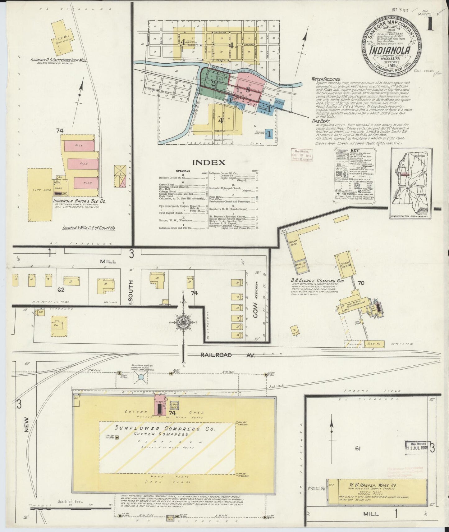 Sanborn Fire Insurance Map from Indianola, Sunflower County, Mississippi (1915), Sheet #0001 - Complete Map Set gallery image, historic Sanborn map, vintage wall art, Mississippi Mississippi