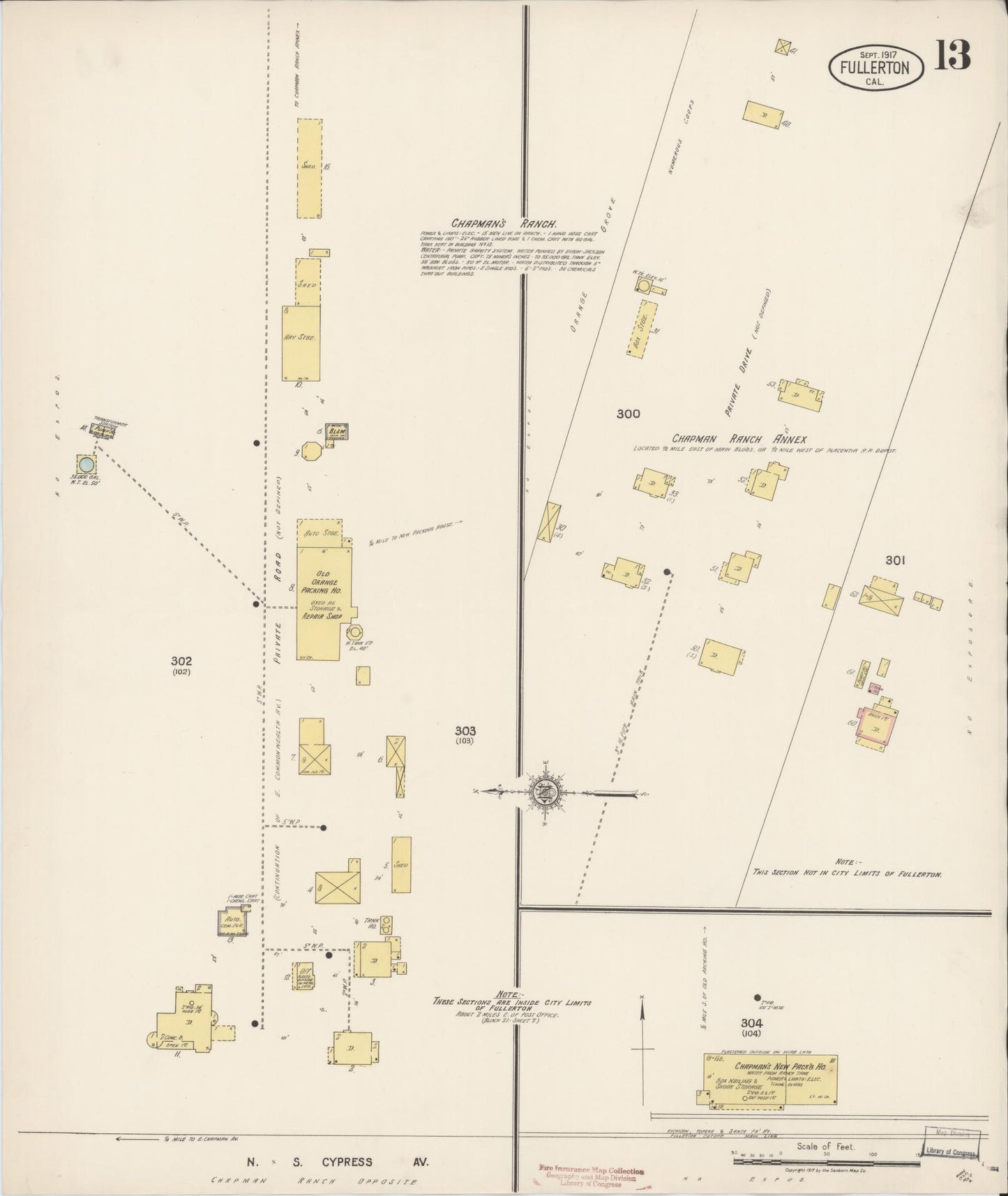 Sanborn Fire Insurance Map from Fullerton, Orange County, California (1917), Sheet #0013 - Historic Sanborn Fire Insurance Map Print, vintage old map wall art, antique decor, genealogy gift, California California map