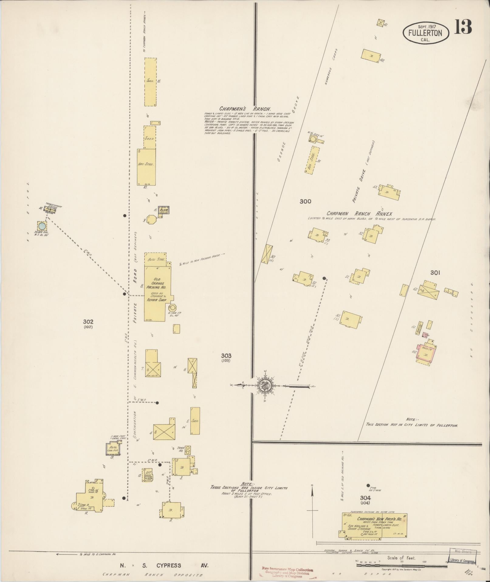 Sanborn Fire Insurance Map from Fullerton, Orange County, California (1917), Sheet #0013 - Historic Sanborn Fire Insurance Map Print, vintage old map wall art, antique decor, genealogy gift, California California map