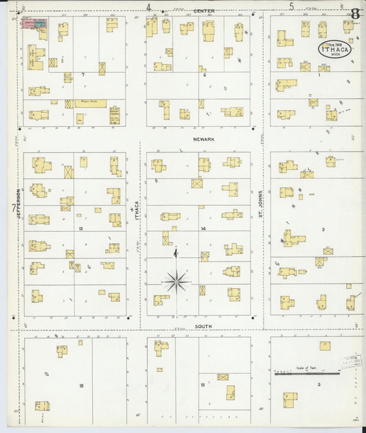Sanborn Fire Insurance Map from Ithaca, Gratiot County, Michigan (1906), Sheet #0008 - Historic Sanborn Fire Insurance Map Print, vintage old map wall art, antique decor, genealogy gift, Michigan Michigan map