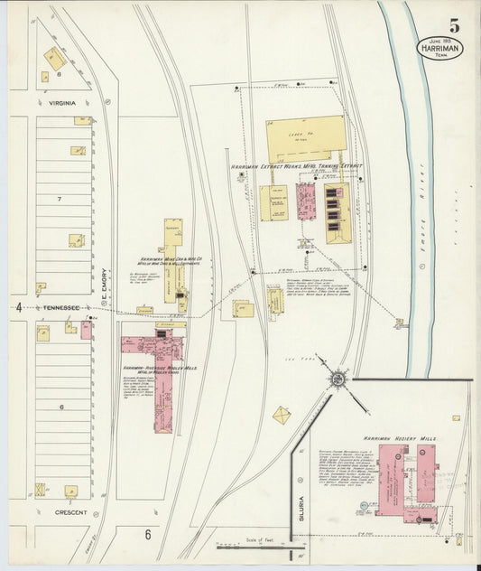 Sanborn Fire Insurance Map from Harriman, Roane County, Tennessee (1913), Sheet #0005 - Historic Sanborn Fire Insurance Map Print, vintage old map wall art, antique decor, genealogy gift, Tennessee Tennessee map