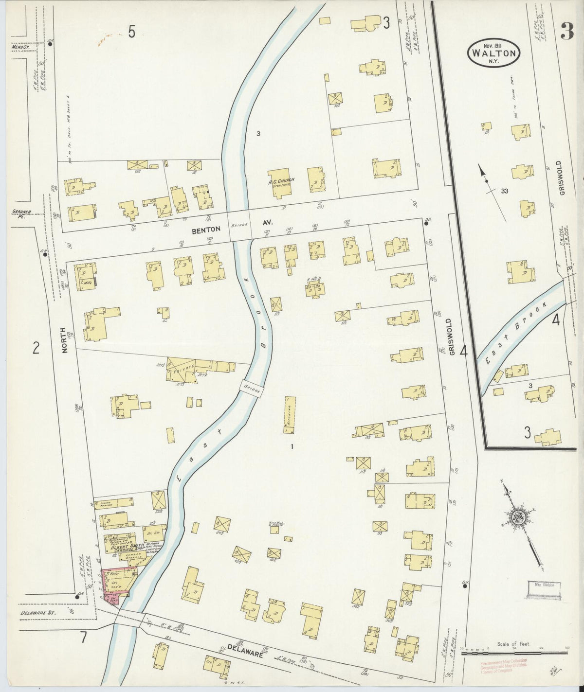 Sanborn Fire Insurance Map from Walton, Delaware County, New York (1911), Sheet #0003 - Historic Sanborn Fire Insurance Map Print, vintage old map wall art, antique decor, genealogy gift, Walton Delaware map