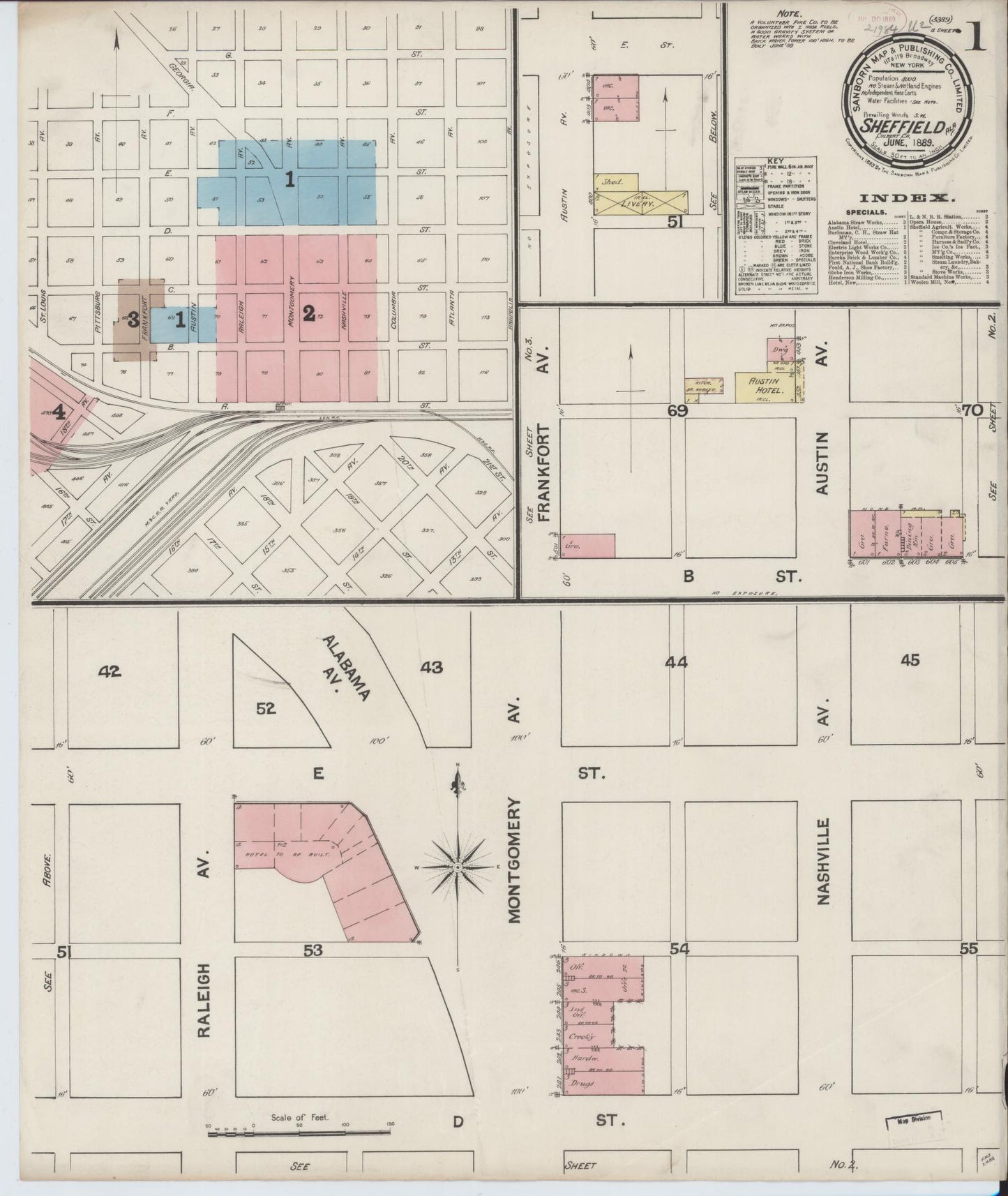 Sanborn Fire Insurance Map from Sheffield, Colbert County, Alabama (1889), Sheet #0001 - Complete Map Set gallery image, historic Sanborn map, vintage wall art, Alabama Alabama