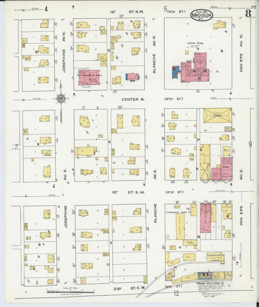 Sanborn Fire Insurance Map from Madison, Lake County, South Dakota (1921), Sheet #0008 - Historic Sanborn Fire Insurance Map Print, vintage old map wall art, antique decor, genealogy gift, South Dakota South Dakota map
