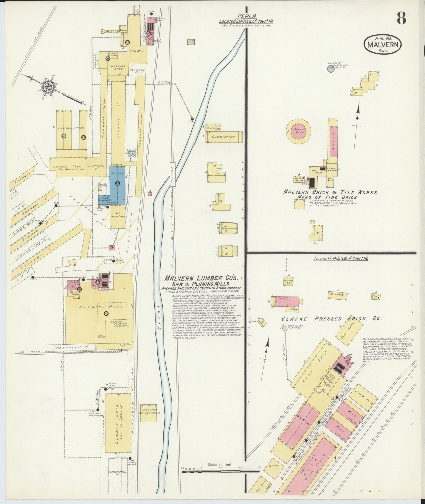 Sanborn Fire Insurance Map from Malvern, Hot Springs County, Arkansas (1913), Sheet #0008 - Historic Sanborn Fire Insurance Map Print, vintage old map wall art, antique decor, genealogy gift, Arkansas Arkansas map