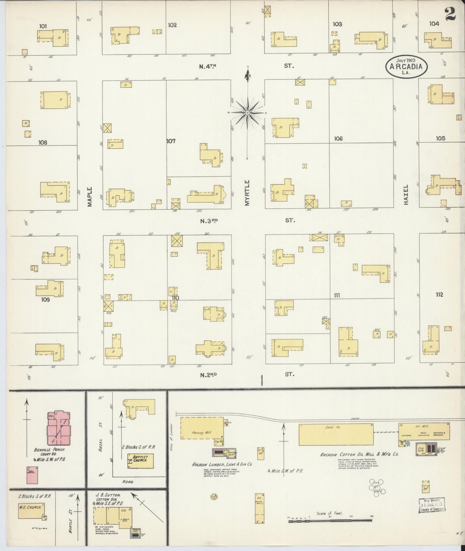 Sanborn Fire Insurance Map from Arcadia, Bienville Parish, Louisiana (1903), Sheet #0002 - Historic Sanborn Fire Insurance Map Print, vintage old map wall art, antique decor, genealogy gift, Louisiana Louisiana map