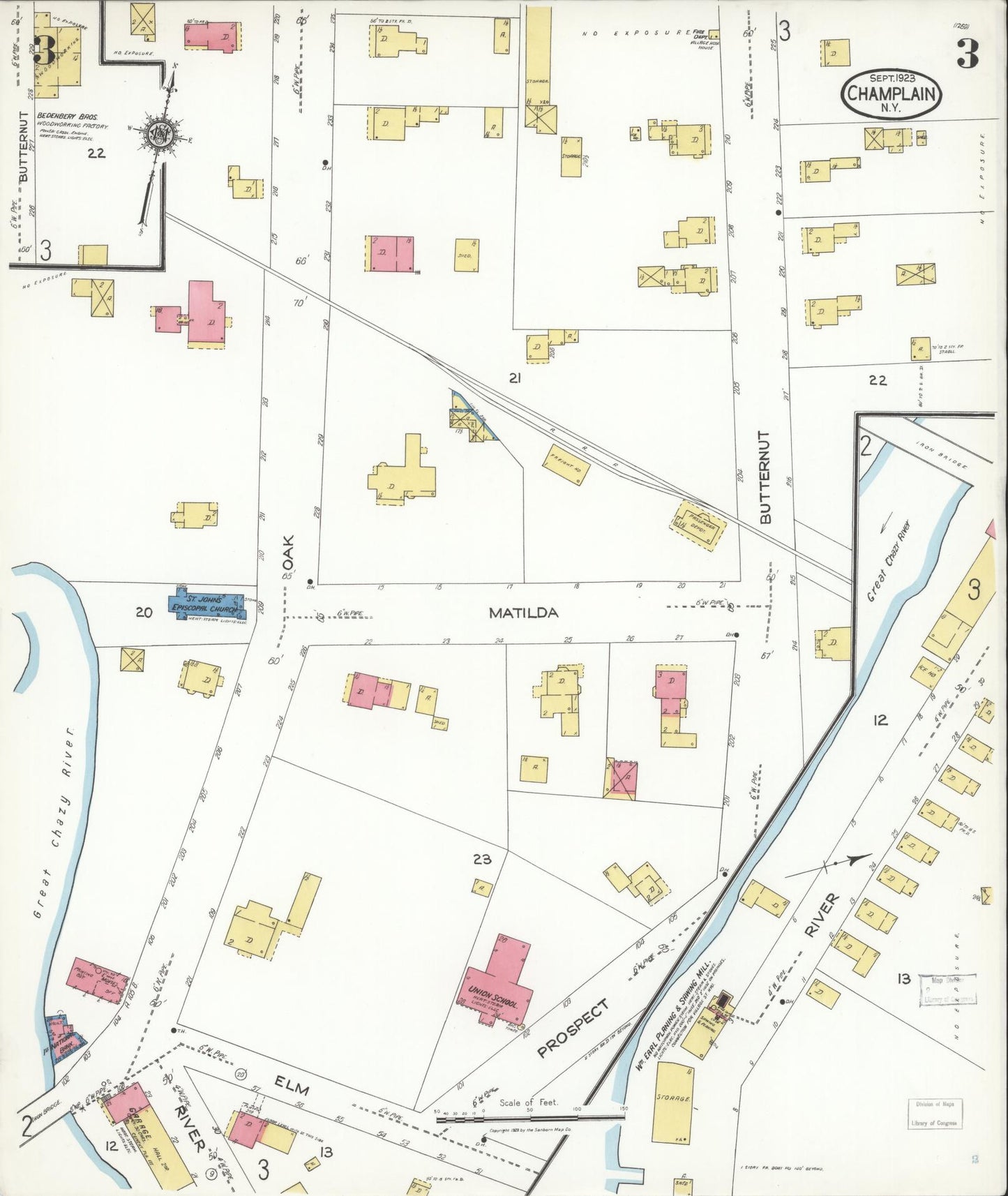 Sanborn Fire Insurance Map from Champlain, Clinton County, New York (1923), Sheet #0003 - Historic Sanborn Fire Insurance Map Print, vintage old map wall art, antique decor, genealogy gift, New York New York map