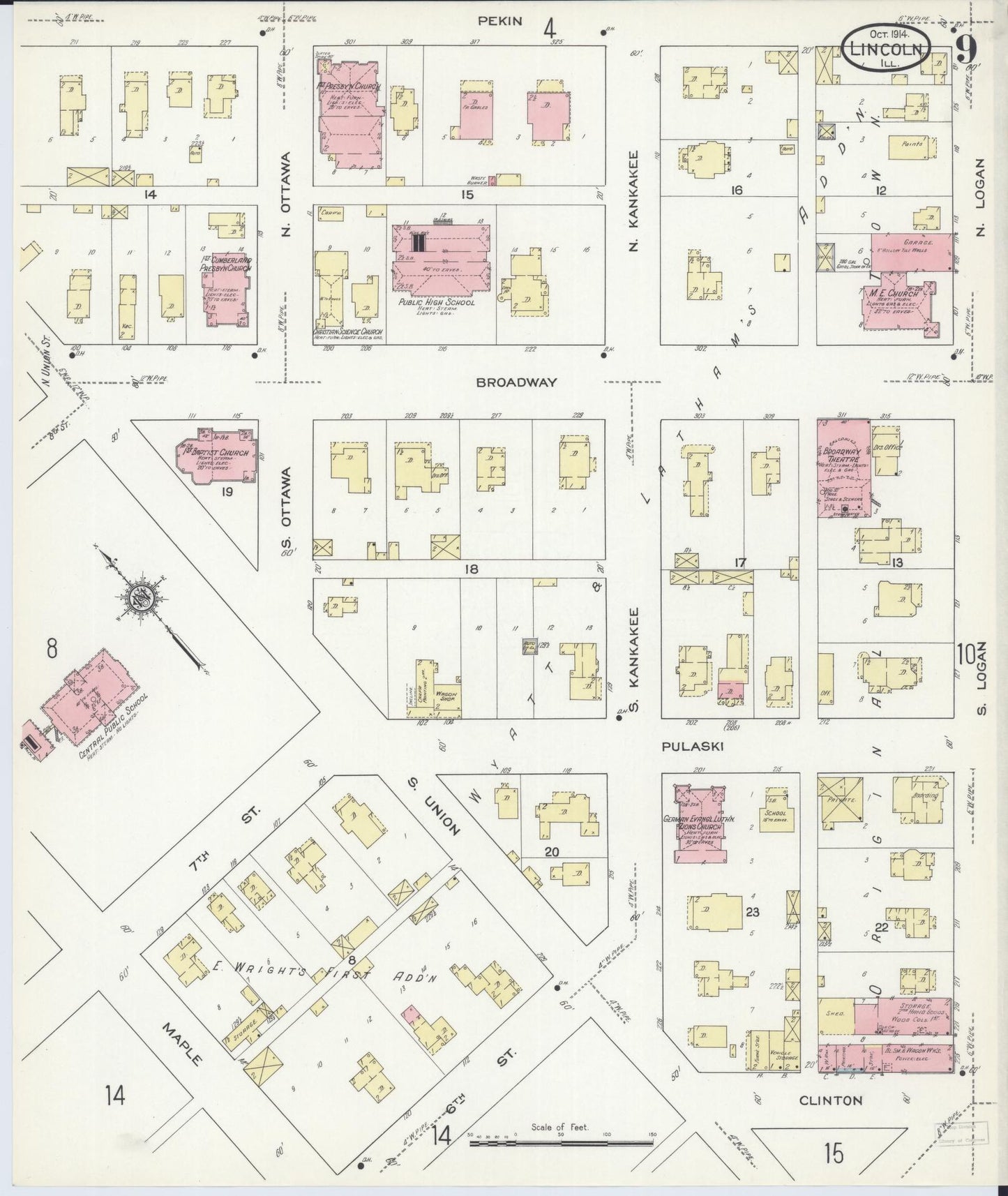 Sanborn Fire Insurance Map from Lincoln, Logan County, Illinois (1914), Sheet #0009 - Historic Sanborn Fire Insurance Map Print, vintage old map wall art, antique decor, genealogy gift, Illinois Illinois map