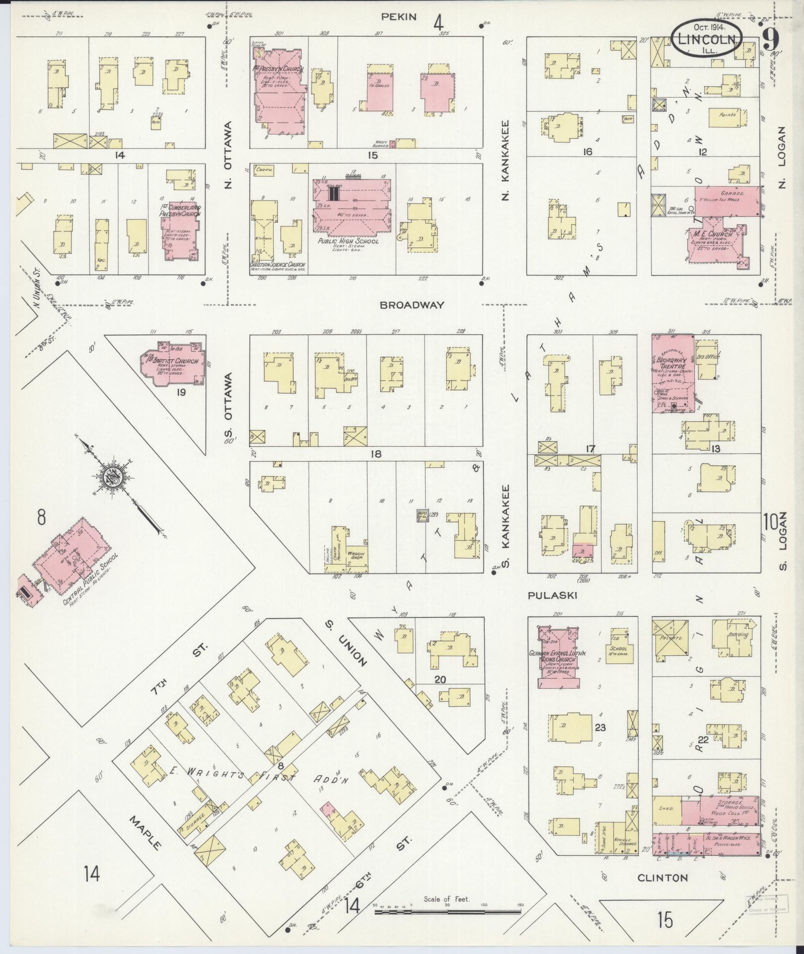 Sanborn Fire Insurance Map from Lincoln, Logan County, Illinois (1914), Sheet #0009 - Historic Sanborn Fire Insurance Map Print, vintage old map wall art, antique decor, genealogy gift, Illinois Illinois map