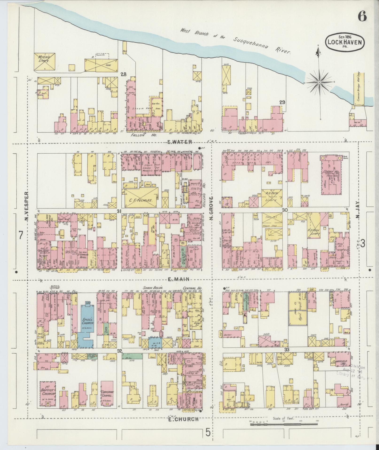 Sanborn Fire Insurance Map from Lock Haven, Clinton County, Pennsylvania (1896), Sheet #0006 - Historic Sanborn Fire Insurance Map Print, vintage old map wall art, antique decor, genealogy gift, Pennsylvania Pennsylvania map