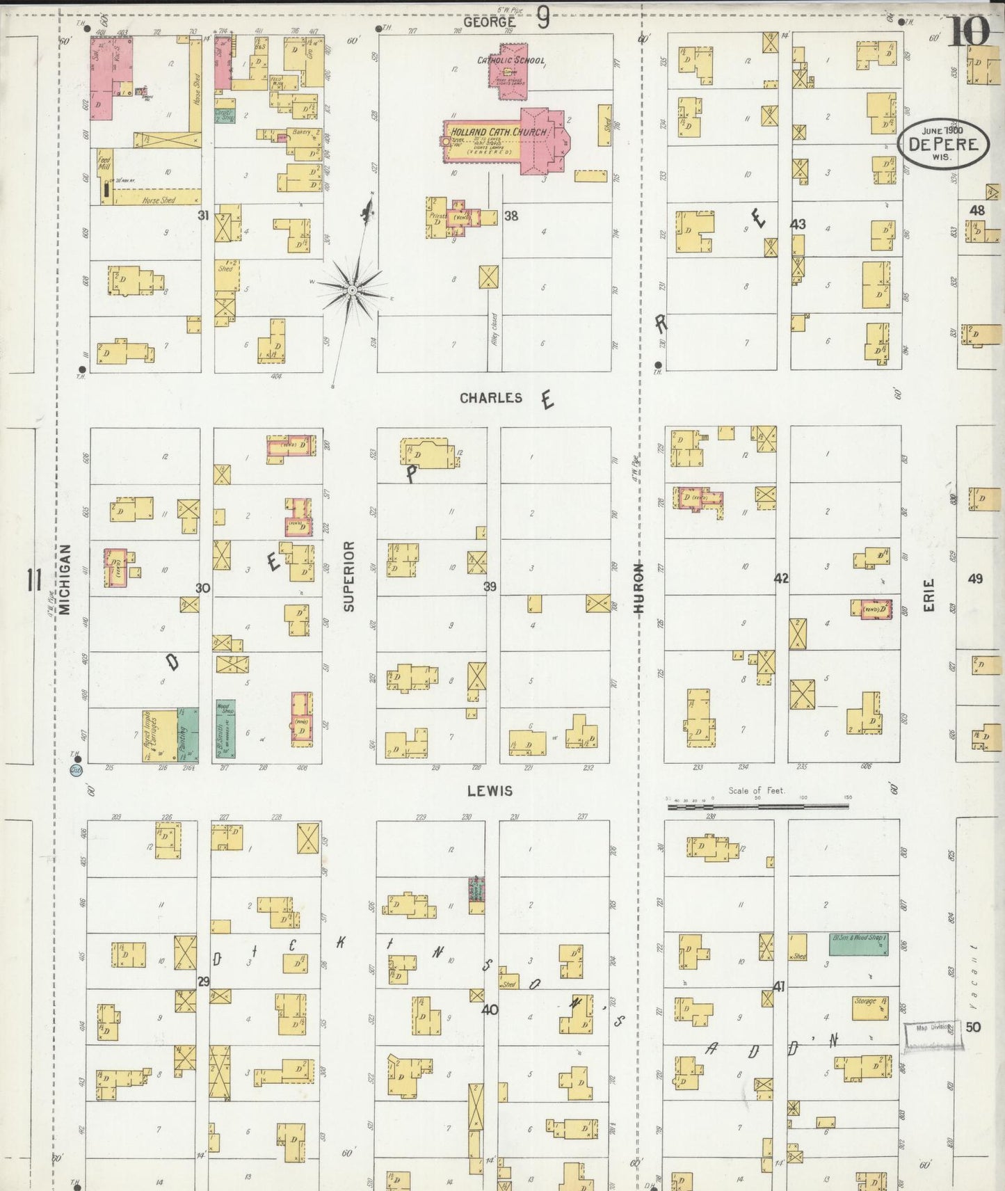 Sanborn Fire Insurance Map from De Pere, Brown County, Wisconsin (1900), Sheet #0010 - Historic Sanborn Fire Insurance Map Print, vintage old map wall art, antique decor, genealogy gift, Wisconsin Wisconsin map