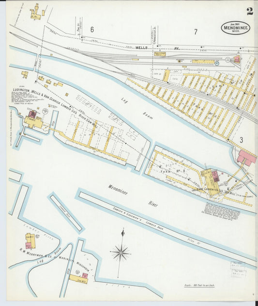 Sanborn Fire Insurance Map from Menominee, Menominee County, Michigan (1901), Sheet #0002 - Historic Sanborn Fire Insurance Map Print, vintage old map wall art, antique decor, genealogy gift, Michigan Michigan map