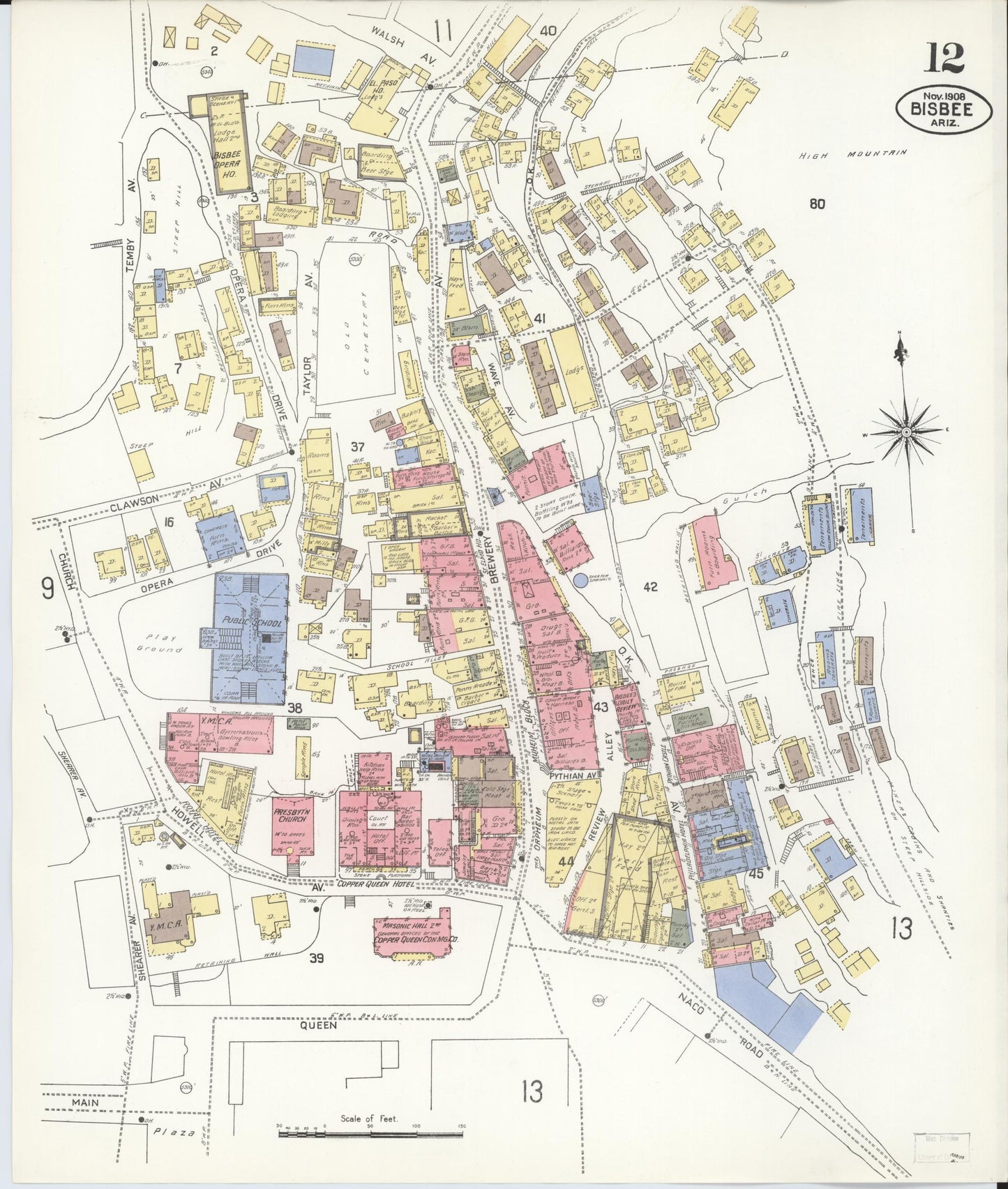 Sanborn Fire Insurance Map from Bisbee, Cochise County, Arizona (1908), Sheet #0012 - Complete Map Set gallery image, historic Sanborn map, vintage wall art, Arizona Arizona