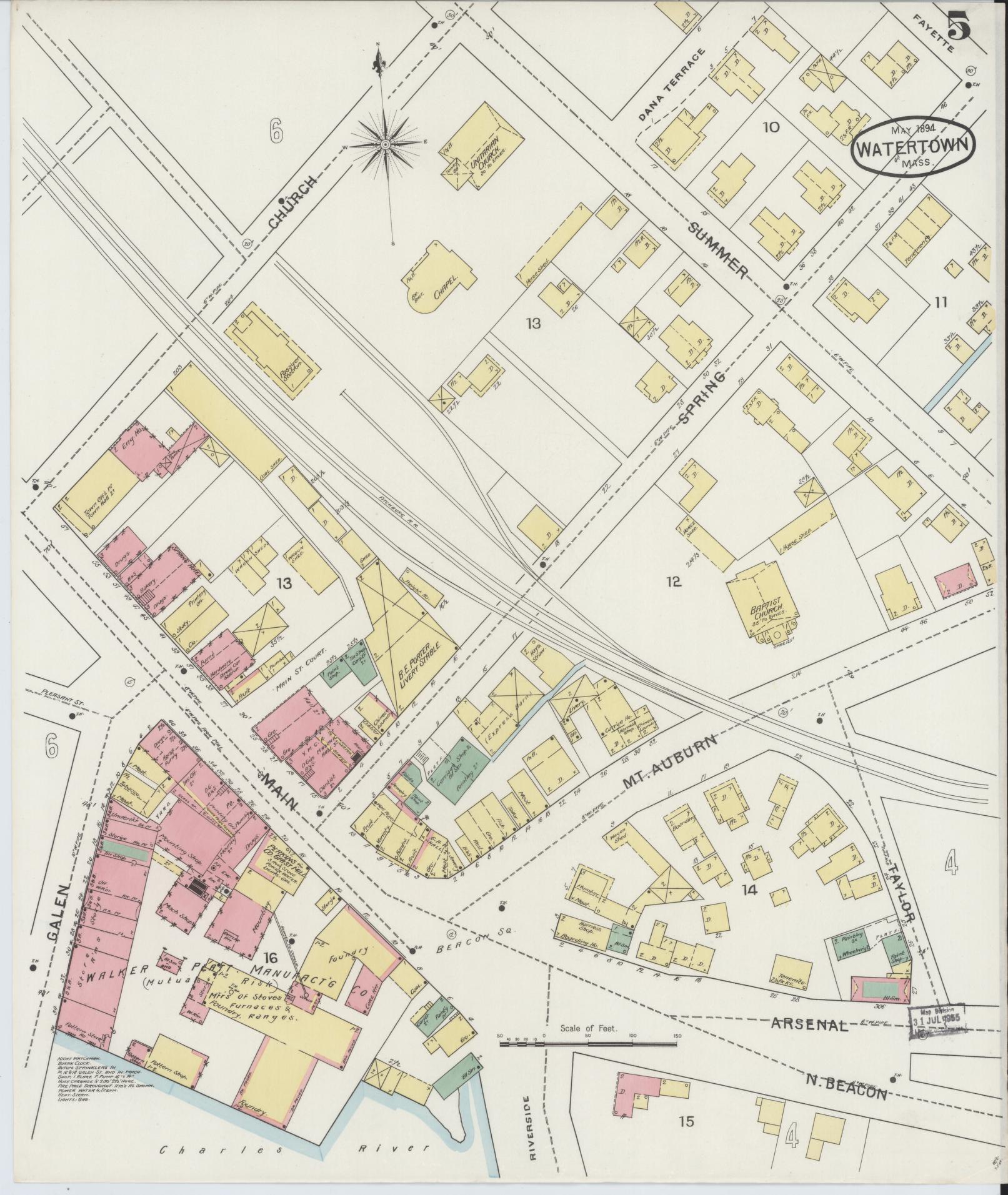Sanborn Fire Insurance Map from Watertown, Middlesex County, Massachusetts (1894), Sheet #0005 - Historic Sanborn Fire Insurance Map Print, vintage old map wall art, antique decor, genealogy gift, Massachusetts Massachusetts map