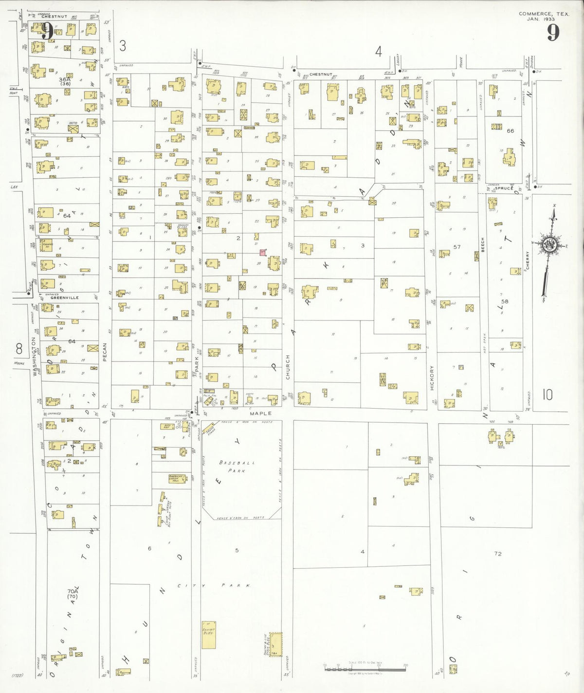 Sanborn Fire Insurance Map from Commerce, Hunt County, Texas (1933), Sheet #0009 - Historic Sanborn Fire Insurance Map Print, vintage old map wall art, antique decor, genealogy gift, Texas Texas map