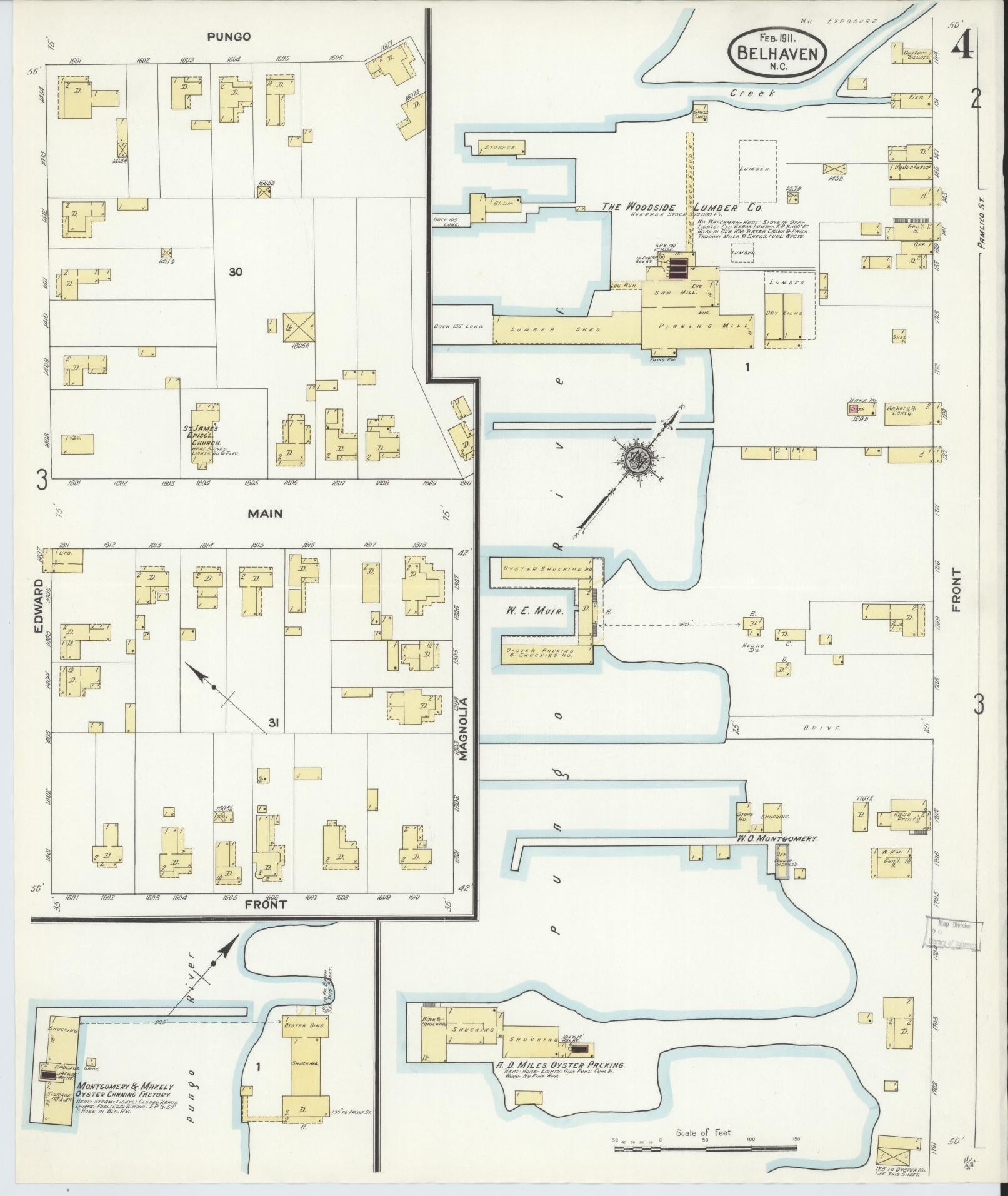 Sanborn Fire Insurance Map from Belhaven, Beaufort County, North Carolina (1911), Sheet #0004 - Complete Map Set gallery image, historic Sanborn map, vintage wall art, North Carolina North Carolina