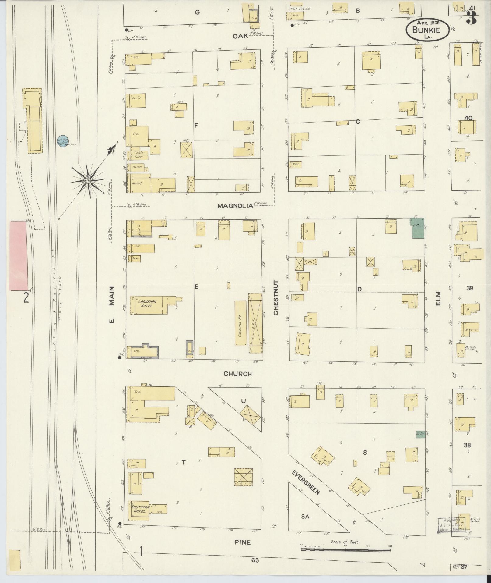 Sanborn Fire Insurance Map from Bunkie, Avoyelles Parish, Louisiana (1909), Sheet #0003 - Historic Sanborn Fire Insurance Map Print, vintage old map wall art, antique decor, genealogy gift, Louisiana Louisiana map