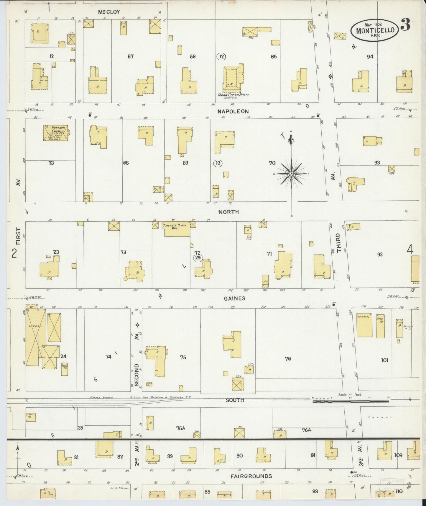 Sanborn Fire Insurance Map from Monticello, Drew County, Arkansas (1908), Sheet #0003 - Historic Sanborn Fire Insurance Map Print, vintage old map wall art, antique decor, genealogy gift, Arkansas Arkansas map