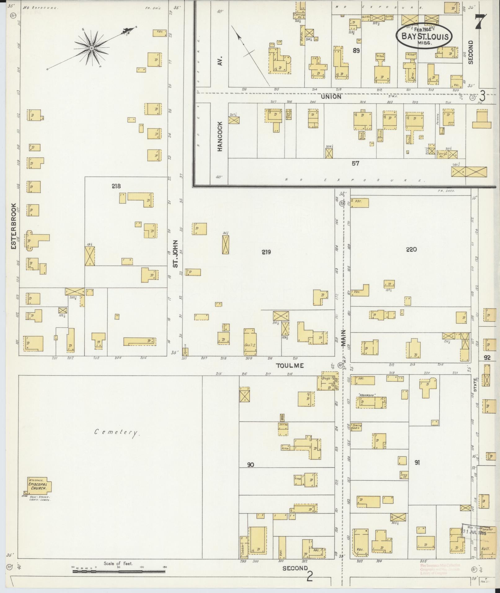 Sanborn Fire Insurance Map from Bay Saint Louis, Hancock County, Mississippi (1904), Sheet #0007 - Complete Map Set gallery image, historic Sanborn map, vintage wall art, Mississippi Mississippi