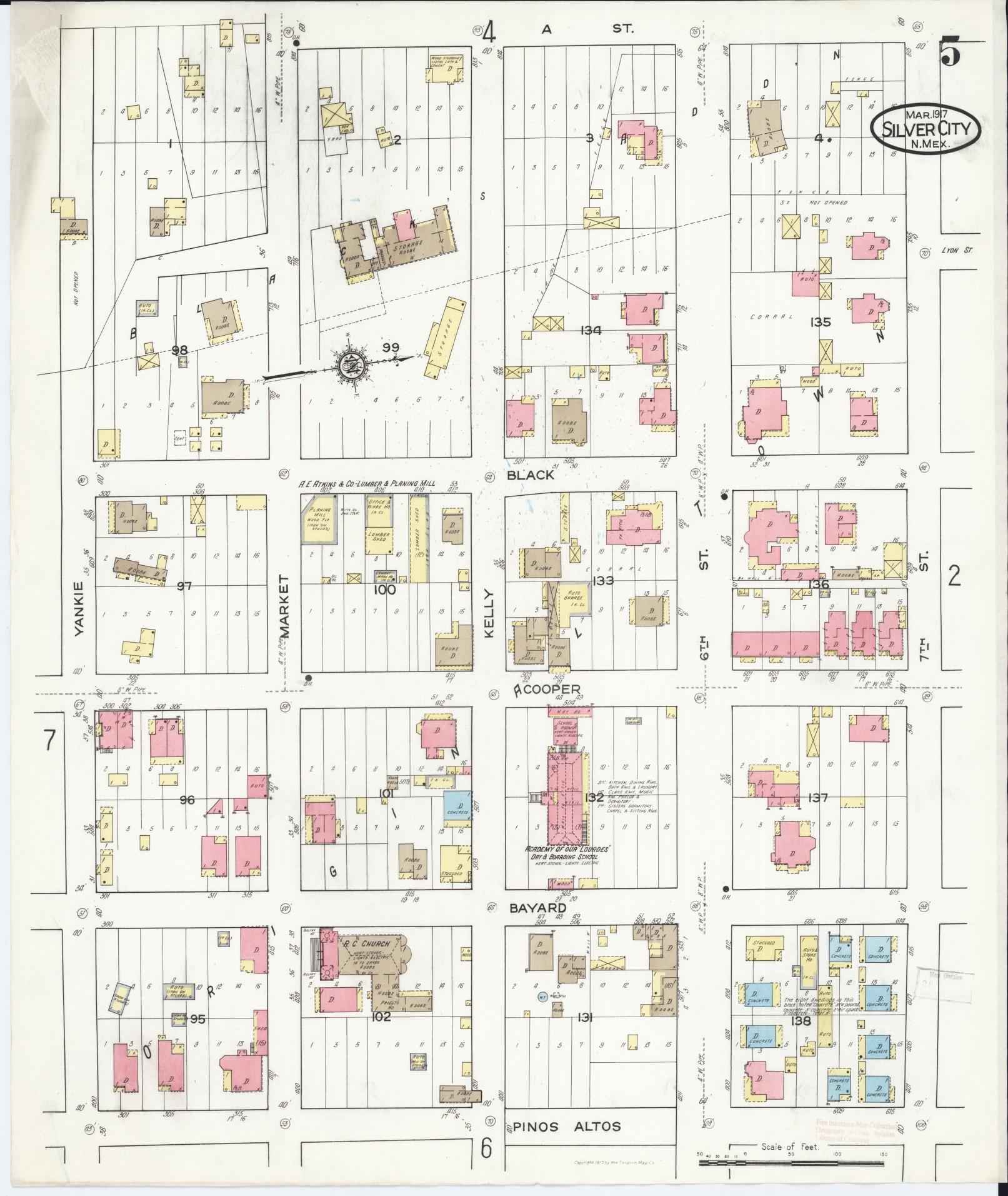Sanborn Fire Insurance Map from Silver City, Grant County, New Mexico (1917), Sheet #0005 - Historic Sanborn Fire Insurance Map Print, vintage old map wall art, antique decor, genealogy gift, New Mexico New Mexico map