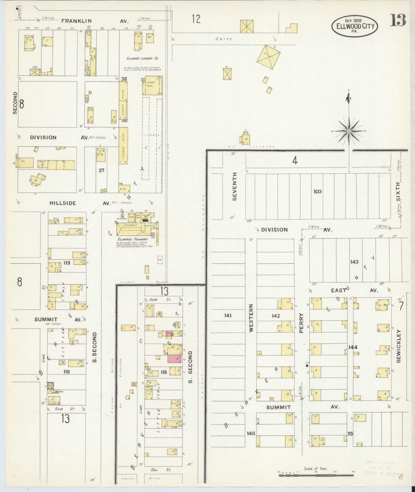 Sanborn Fire Insurance Map from Ellwood City, Lawrence County, Pennsylvania (1908), Sheet #0013 - Historic Sanborn Fire Insurance Map Print, vintage old map wall art, antique decor, genealogy gift, Pennsylvania Pennsylvania map