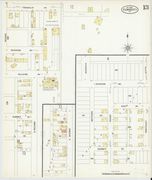 Sanborn Fire Insurance Map from Ellwood City, Lawrence County, Pennsylvania (1908), Sheet #0013 - Historic Sanborn Fire Insurance Map Print, vintage old map wall art, antique decor, genealogy gift, Pennsylvania Pennsylvania map