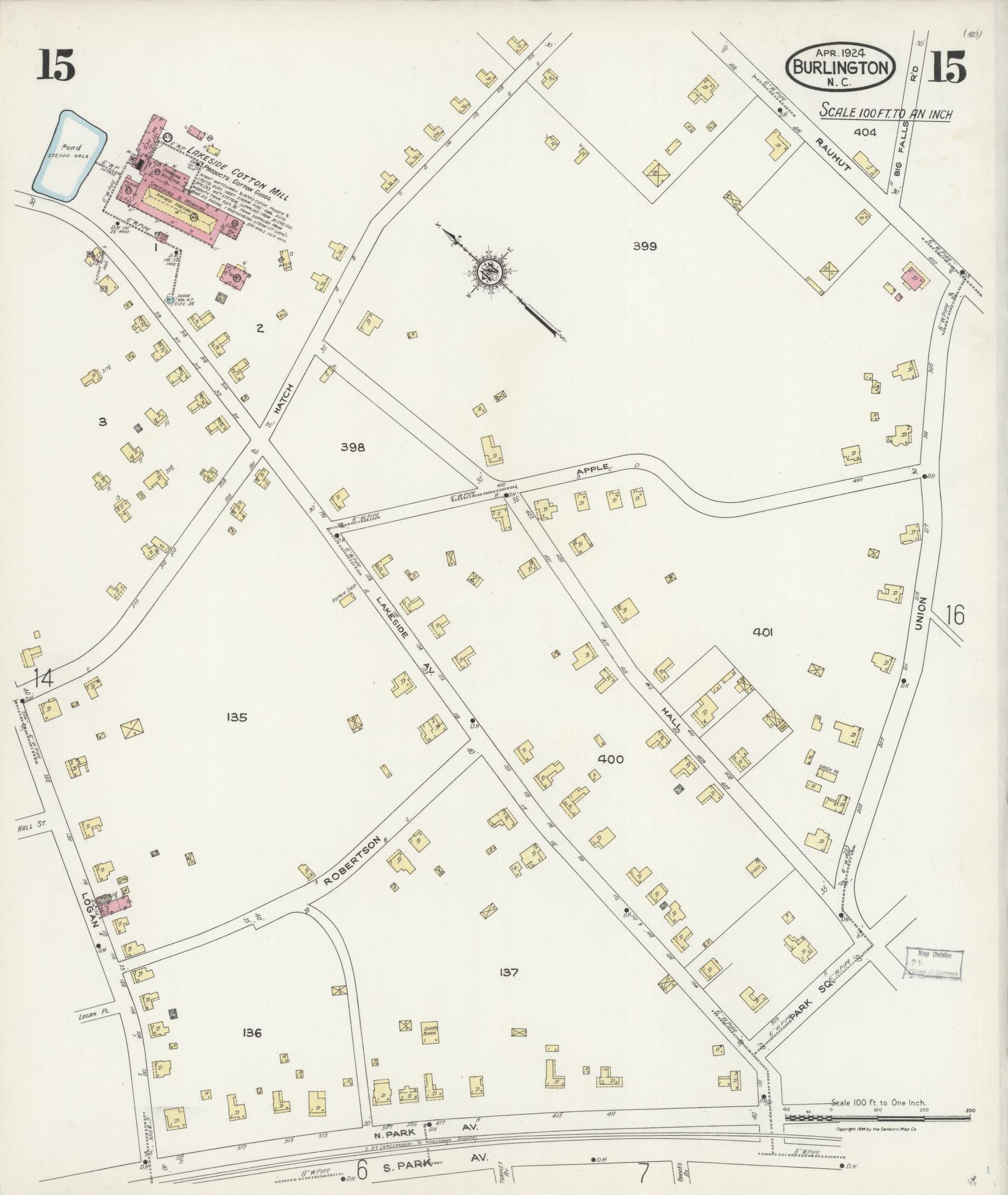 Sanborn Fire Insurance Map from Burlington, Alamance County, North Carolina (1924), Sheet #0015 - Complete Map Set gallery image, historic Sanborn map, vintage wall art, North Carolina North Carolina