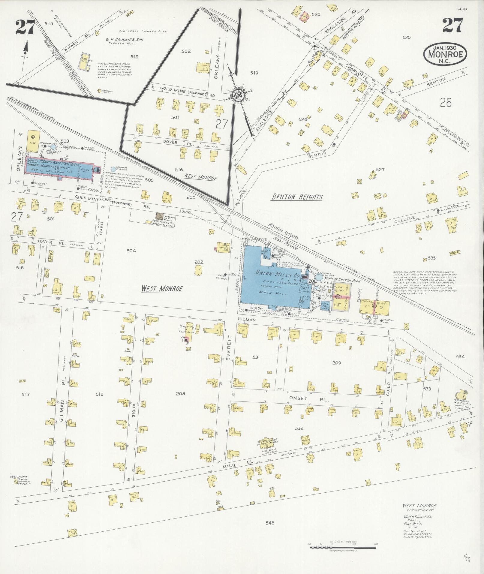 Sanborn Fire Insurance Map from Monroe, Union County, North Carolina (1930), Sheet #0027 - Complete Map Set gallery image, historic Sanborn map, vintage wall art, North Carolina North Carolina
