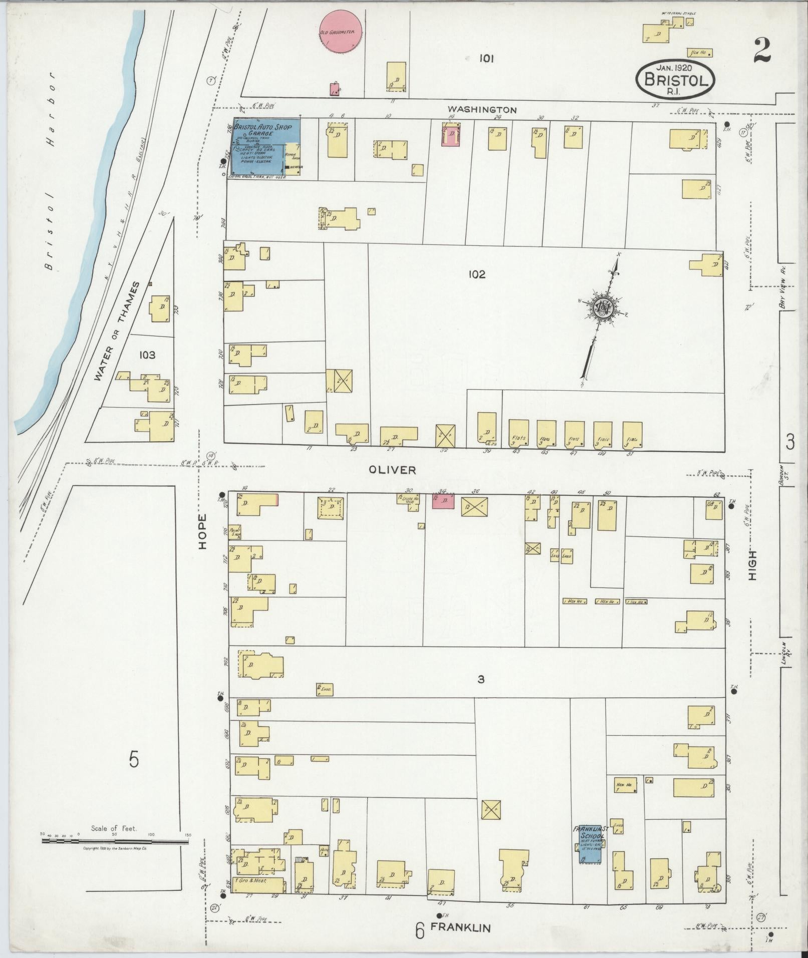 Sanborn Fire Insurance Map from Bristol, Bristol County, Rhode Island (1920), Sheet #0002 - Historic Sanborn Fire Insurance Map Print, vintage old map wall art, antique decor, genealogy gift, Rhode Island Rhode Island map