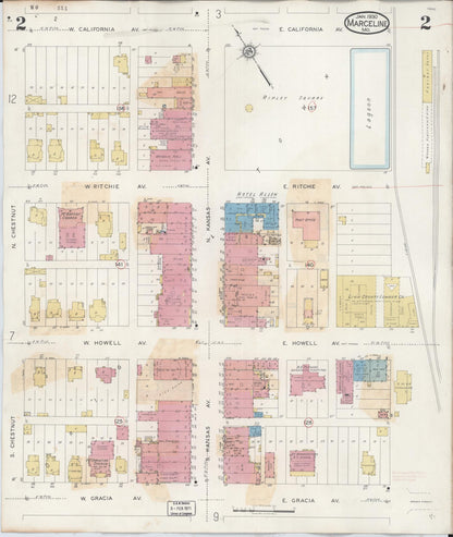 Sanborn Fire Insurance Map from Marceline, Linn County, Missouri (1939), Sheet #0002 - Historic Sanborn Fire Insurance Map Print, vintage old map wall art, antique decor, genealogy gift, Missouri Missouri map